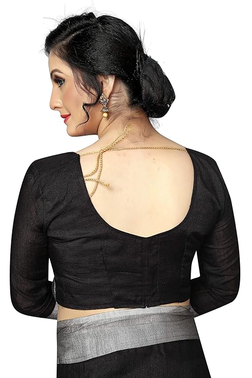 Girl's Women's Bollywood Linen Blend Saree With Blouse Piece (Black)