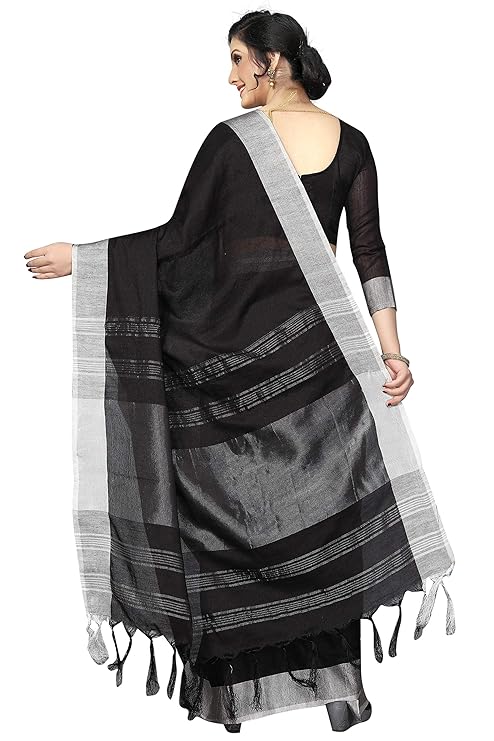 Girl's Women's Bollywood Linen Blend Saree With Blouse Piece (Black)