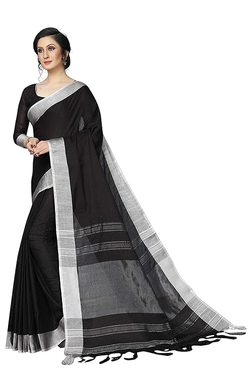 Girl's Women's Bollywood Linen Blend Saree With Blouse Piece (Black)