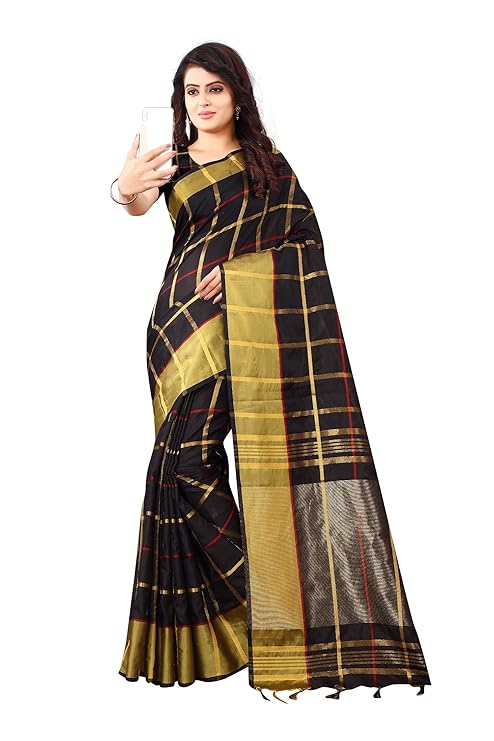 Cotton Silk Saree with Blouse Piece (Black) for Girls and Women