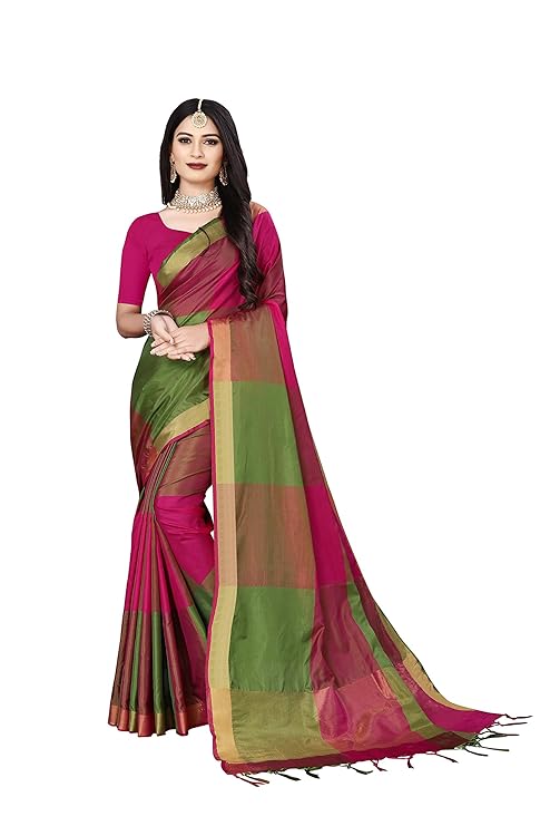 Color Block Fashion Soft Cotton Silk Saree with Blouse - (Pink Green) for Girls and Womens