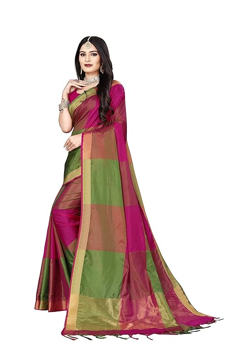 Color Block Fashion Soft Cotton Silk Saree with Blouse - (Pink Green) for Girls and Womens