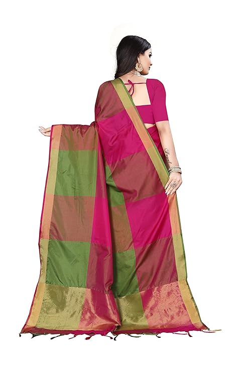 Color Block Fashion Soft Cotton Silk Saree with Blouse - (Pink Green) for Girls and Womens